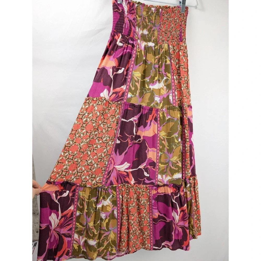 Floral Patchwork Smocked Maxi Skirt Purple Pink Cottagecore Priaire Hippie Boho